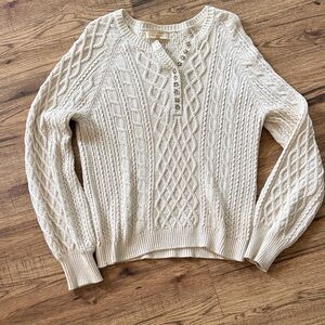 Sezane Cream Cable-Knit Crewneck Sweater with Button Placket